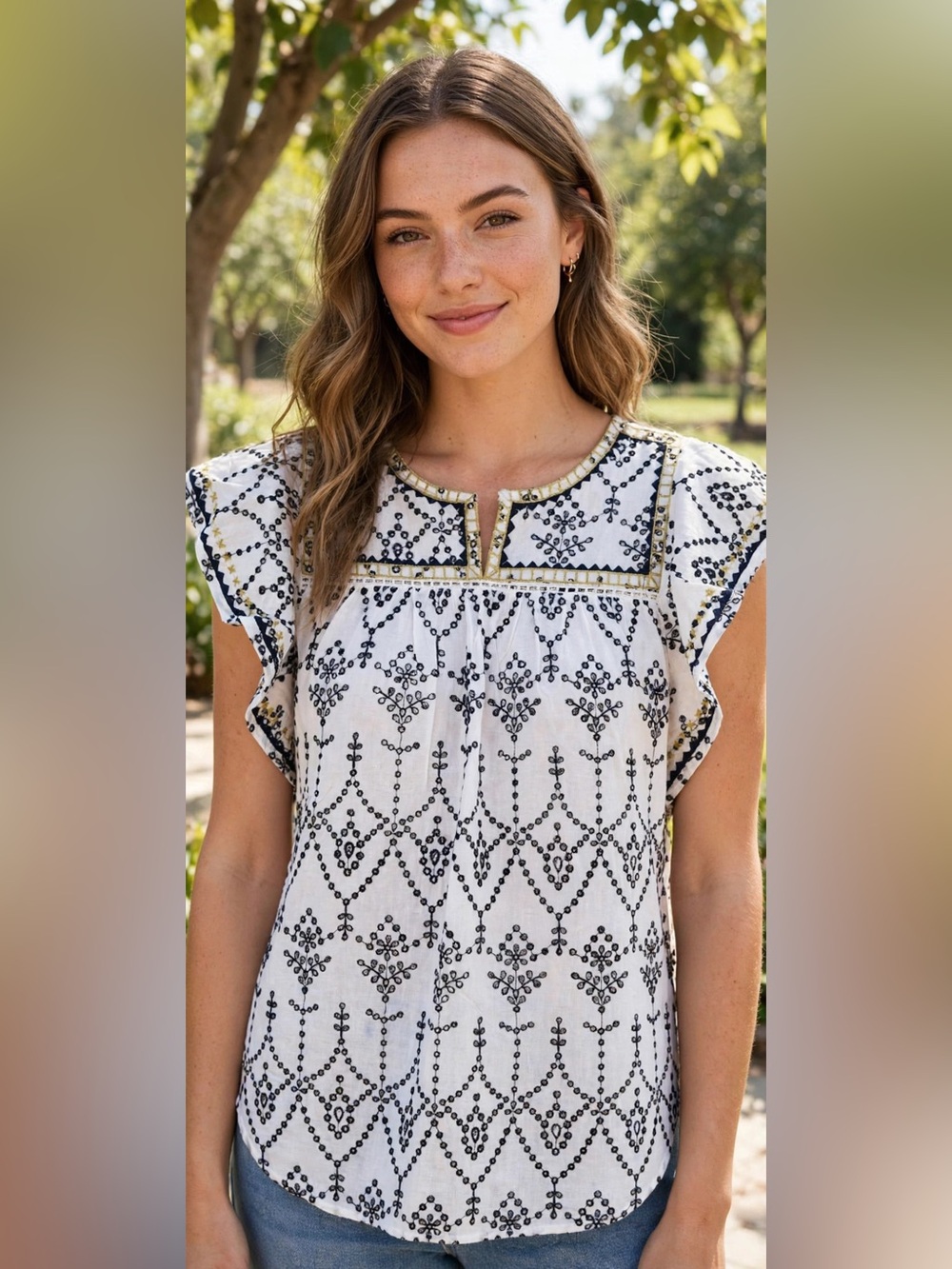 J. Crew White Blouse with Black Embroidered Pattern and Gold Beading